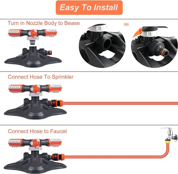 Garden Sprinkler, Lawn Sprinkler Automatic 360 Degree Rotating 3 Arm Lawn Water Sprinkler System with Quick Connectors for Watering Plants or Summer Outdoor Play (Orange)
