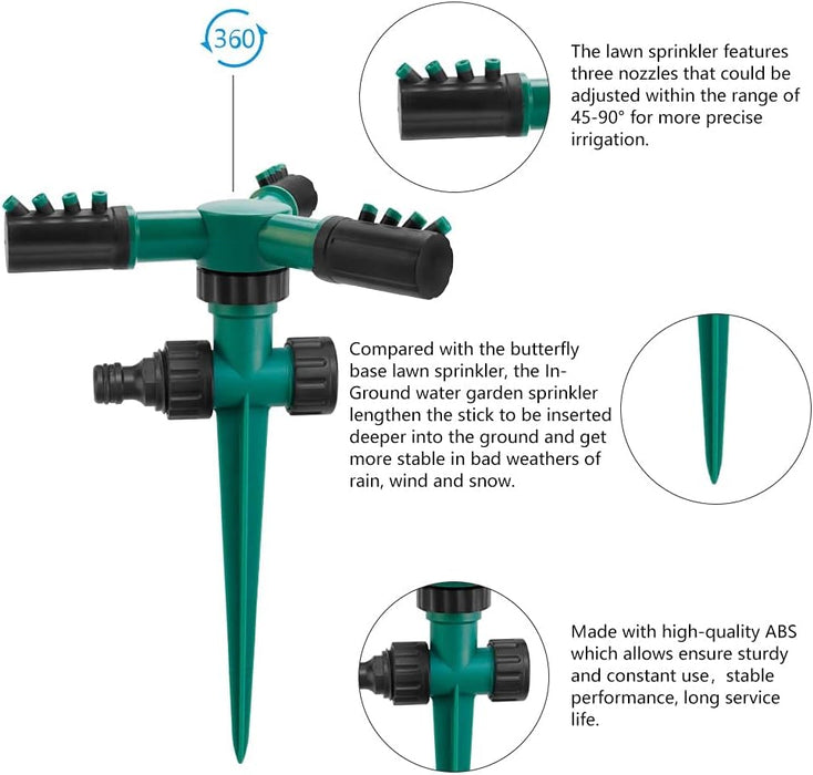 Sprinkler, Garden Lawn Automatic Lawn Water Sprinklers with 3 Nozzles Lawn Sprinklers 360 Degree 3 Arm Rotating Sprinkler System Sprinkler Garden Irrigation Tool for Yard, Lawn,Garden(Dark Green)
