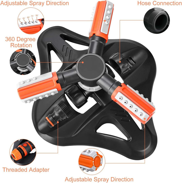 Garden Sprinkler, Lawn Sprinkler Automatic 360 Degree Rotating 3 Arm Lawn Water Sprinkler System with Quick Connectors for Watering Plants or Summer Outdoor Play (Orange)