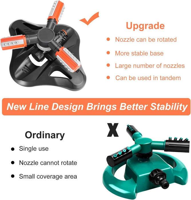 Garden Sprinkler, Lawn Sprinkler Automatic 360 Degree Rotating 3 Arm Lawn Water Sprinkler System with Quick Connectors for Watering Plants or Summer Outdoor Play (Orange)