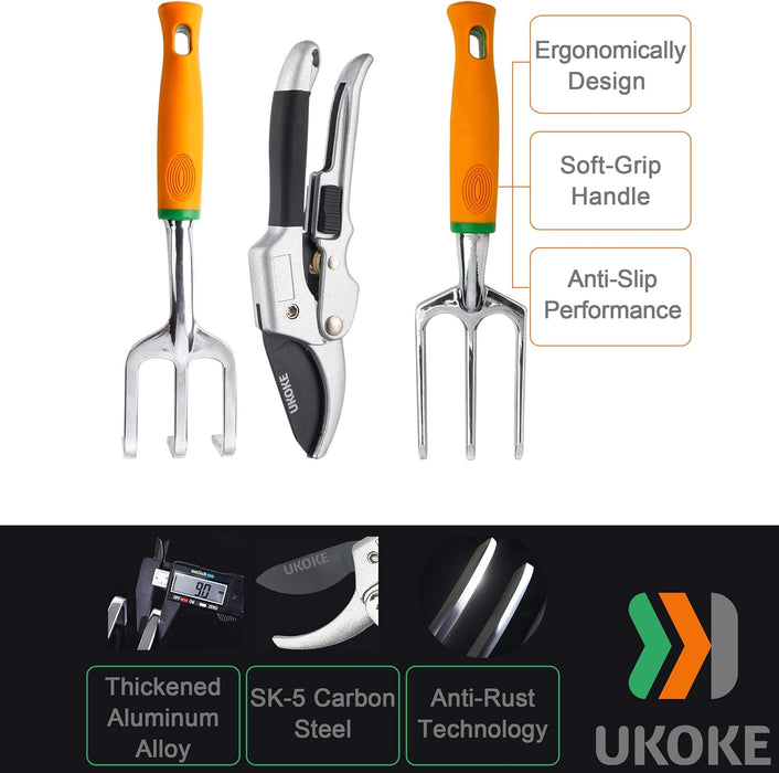 Ukoke Garden Tool Set, 12 Piece Aluminum Hand Kit, Canvas Apron With Storage Pocket, Outdoor Tool, Heavy Duty Gardening Work Set Ergonomic Handle, Tools For Women Men