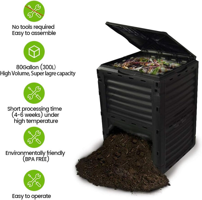 Garden Compost Bin from BPA Free Material, 80 Gallon(300 L), Easy Assembling, Large Capacity, Fast Creation of Fertile Soil