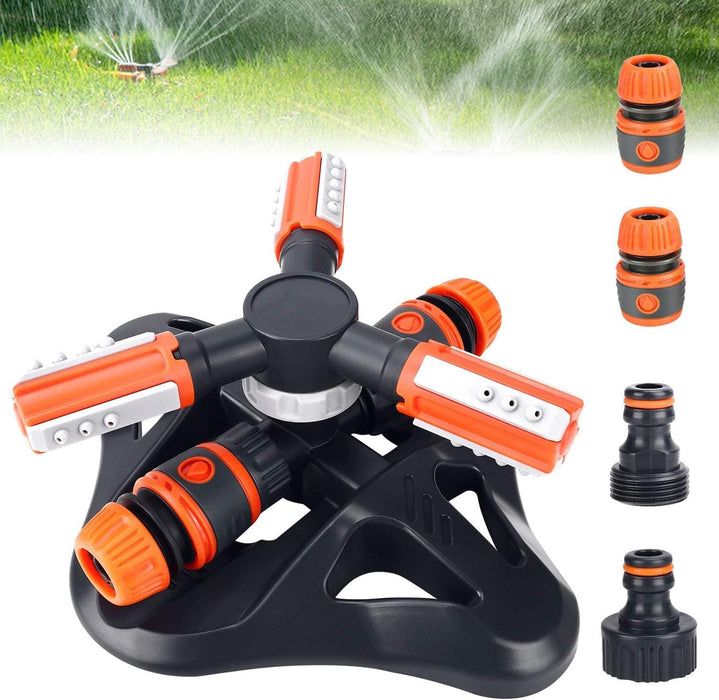 Garden Sprinkler, Lawn Sprinkler Automatic 360 Degree Rotating 3 Arm Lawn Water Sprinkler System with Quick Connectors for Watering Plants or Summer Outdoor Play (Orange)