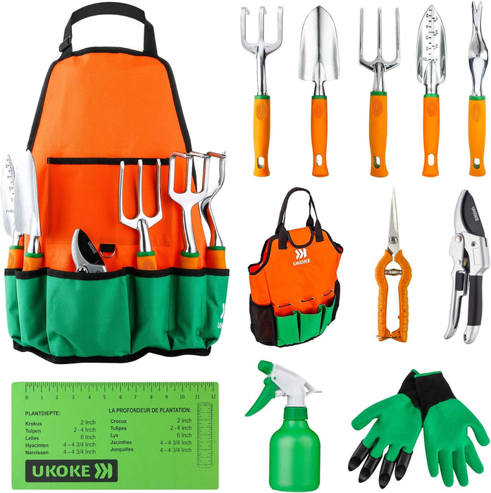 Ukoke Garden Tool Set, 12 Piece Aluminum Hand Kit, Canvas Apron With Storage Pocket, Outdoor Tool, Heavy Duty Gardening Work Set Ergonomic Handle, Tools For Women Men