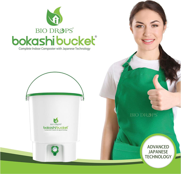 BOKASHI Bucket Indoor COMPOSTER, NO Foul Smell, NO Worms,NO Flies,30 Liters (White and Green) Advanced Japanese Technology