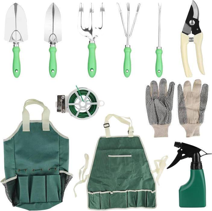 Garden Tools Set, 11 Pieces Heavy Duty Stainless Steel Gardening Supplies Hand Tools with Ergonomic Handle, Gloves Apron and Storage Tote Bag, Ideal Gardening Gifts for Women and Men Starter Gardener